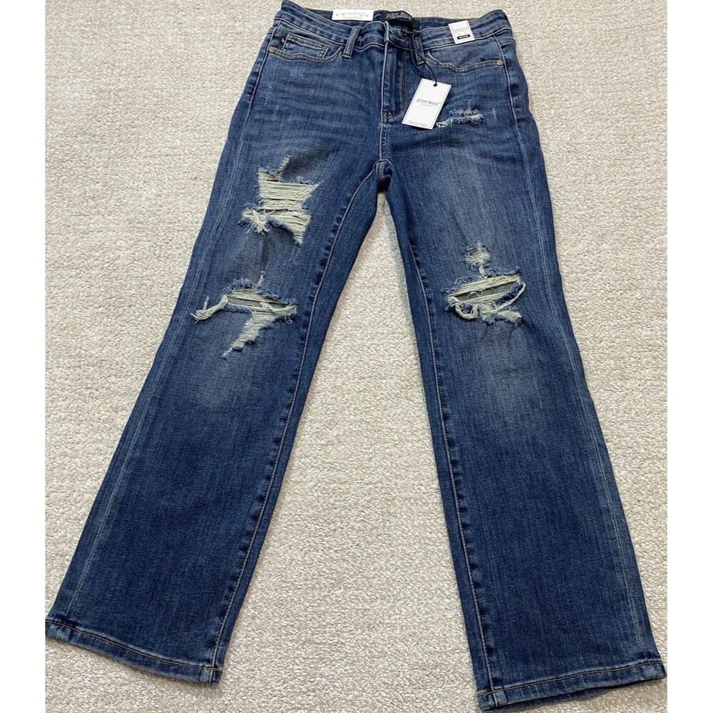 Judy Blue Straight Leg Women's Jeans Dark Blue Distressed Stretch Mid Rise 7/28